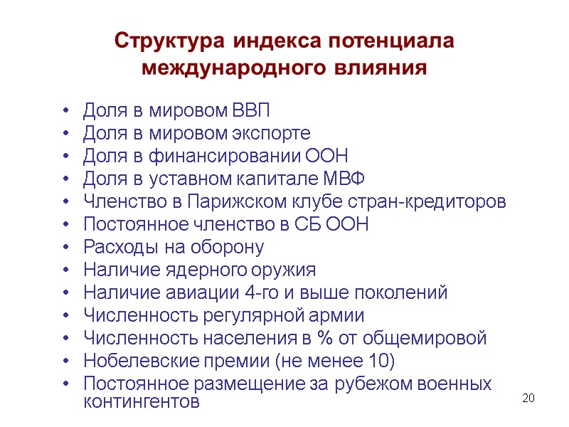 20 Структура индекса потенциала международного влияния Доля в мировом ВВП Доля в мировом экспорте
